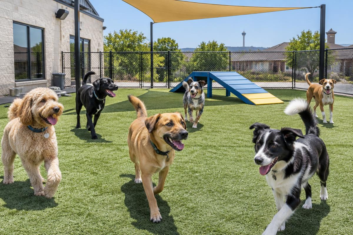A group of happy dogs playing together in a fenced outdoor play yard